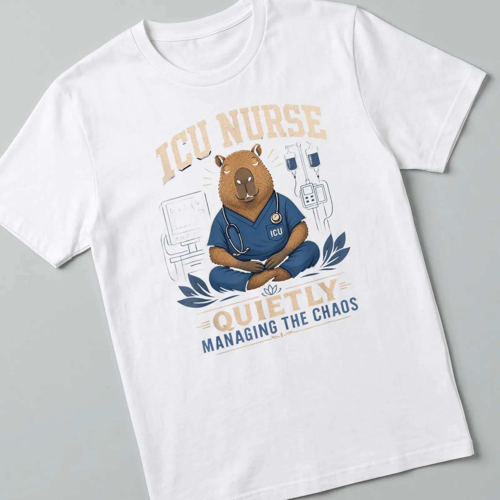 Cartoon capybara nurse in scrubs managing chaos with medical tools — printed on a unisex t-shirt
