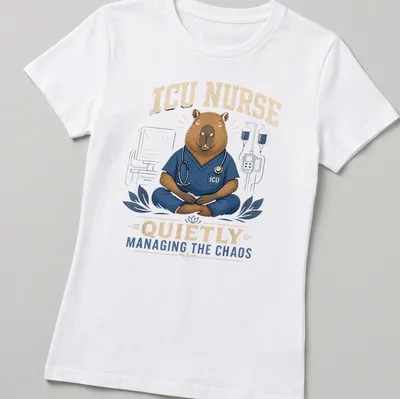 Cartoon capybara nurse in scrubs managing chaos with medical tools — printed on a women's shirt