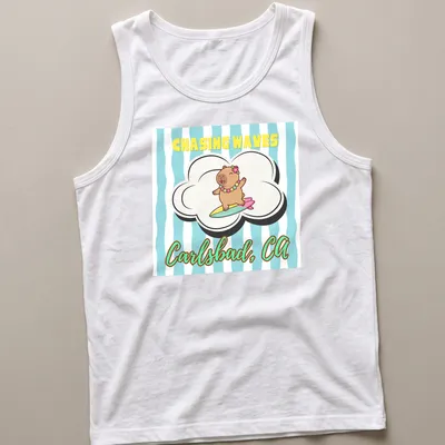 Cute cartoon capybara surfing with cheerful colors and text — printed on a tank top