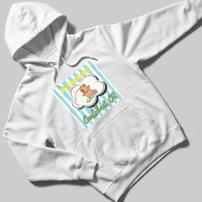 Cute cartoon capybara surfing with cheerful colors and text — printed on a unisex hoodie