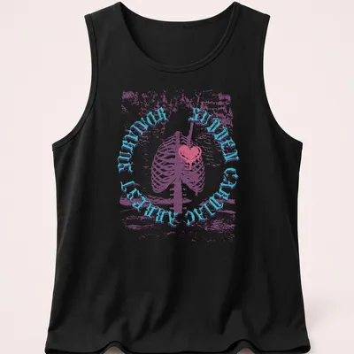Vintage distressed shirt featuring a skeleton holding a heart with quirky text. — printed on a tank top