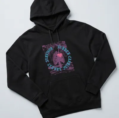 Vintage distressed shirt featuring a skeleton holding a heart with quirky text. — printed on a unisex hoodie