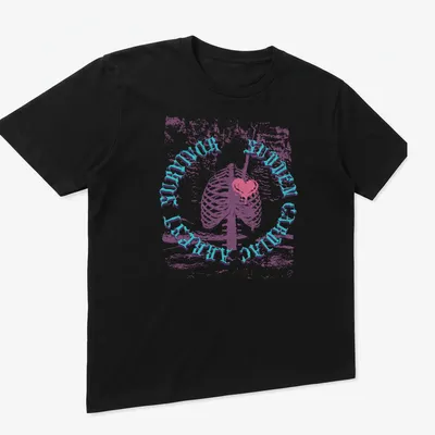 Vintage distressed shirt featuring a skeleton holding a heart with quirky text. — printed on a unisex t-shirt (angled view)
