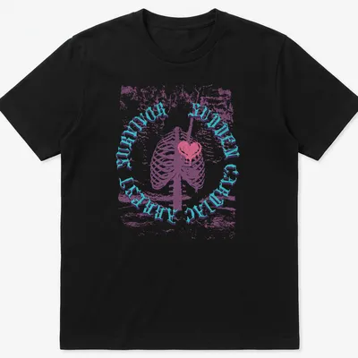Vintage distressed shirt featuring a skeleton holding a heart with quirky text. — printed on a unisex t-shirt