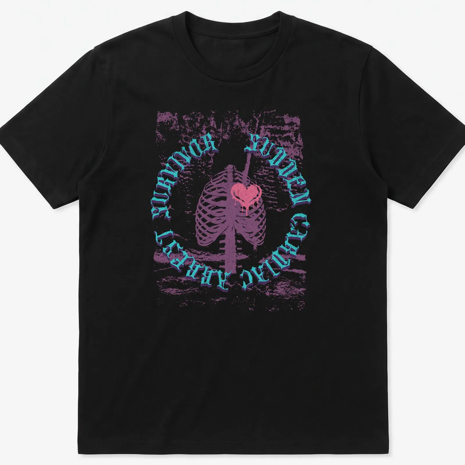 Vintage distressed shirt featuring a skeleton holding a heart with quirky text. — printed on a unisex t-shirt