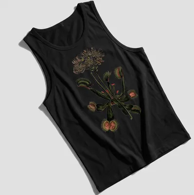Vintage botanical design featuring various carnivorous plants in green, white, brown, and red — printed on a tank top