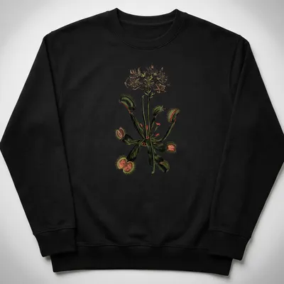 Vintage botanical design featuring various carnivorous plants in green, white, brown, and red — printed on a unisex sweatshirt