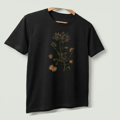 Vintage botanical design featuring various carnivorous plants in green, white, brown, and red — printed on a unisex t-shirt (angled view)