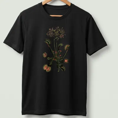 Vintage botanical design featuring various carnivorous plants in green, white, brown, and red