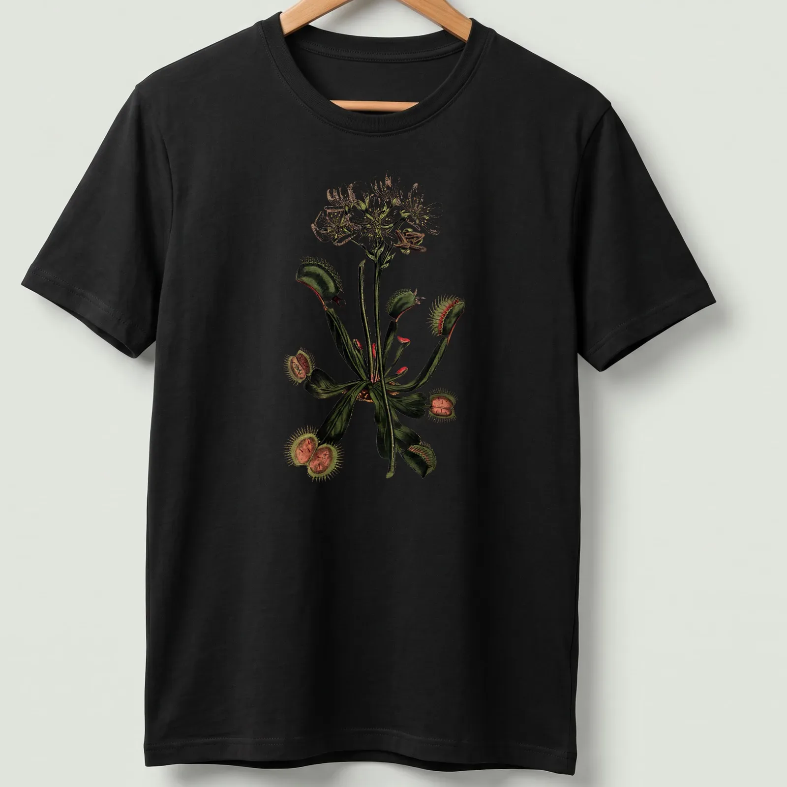 Vintage botanical design featuring various carnivorous plants in green, white, brown, and red — printed on a unisex t-shirt