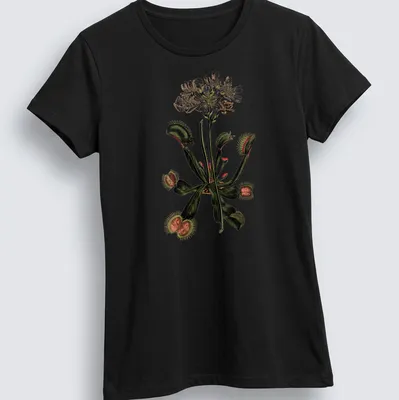 Vintage botanical design featuring various carnivorous plants in green, white, brown, and red — printed on a women's shirt