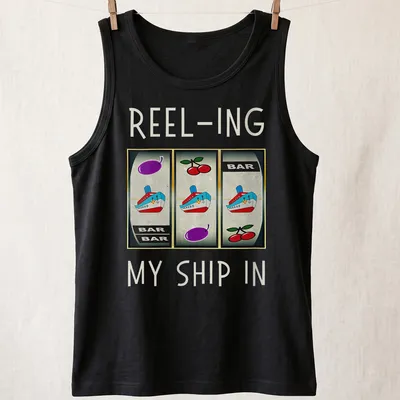 Vintage casino-themed t-shirt featuring a slot machine and ship design — printed on a tank top