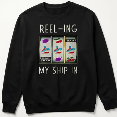 Vintage casino-themed t-shirt featuring a slot machine and ship design — printed on a unisex sweatshirt