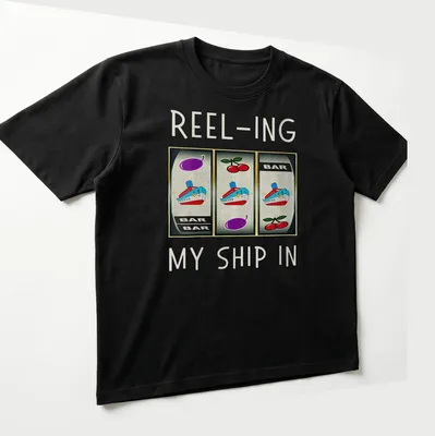 Vintage casino-themed t-shirt featuring a slot machine and ship design — printed on a unisex t-shirt (angled view)