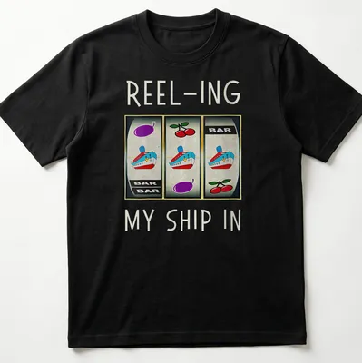 Vintage casino-themed t-shirt featuring a slot machine and ship design