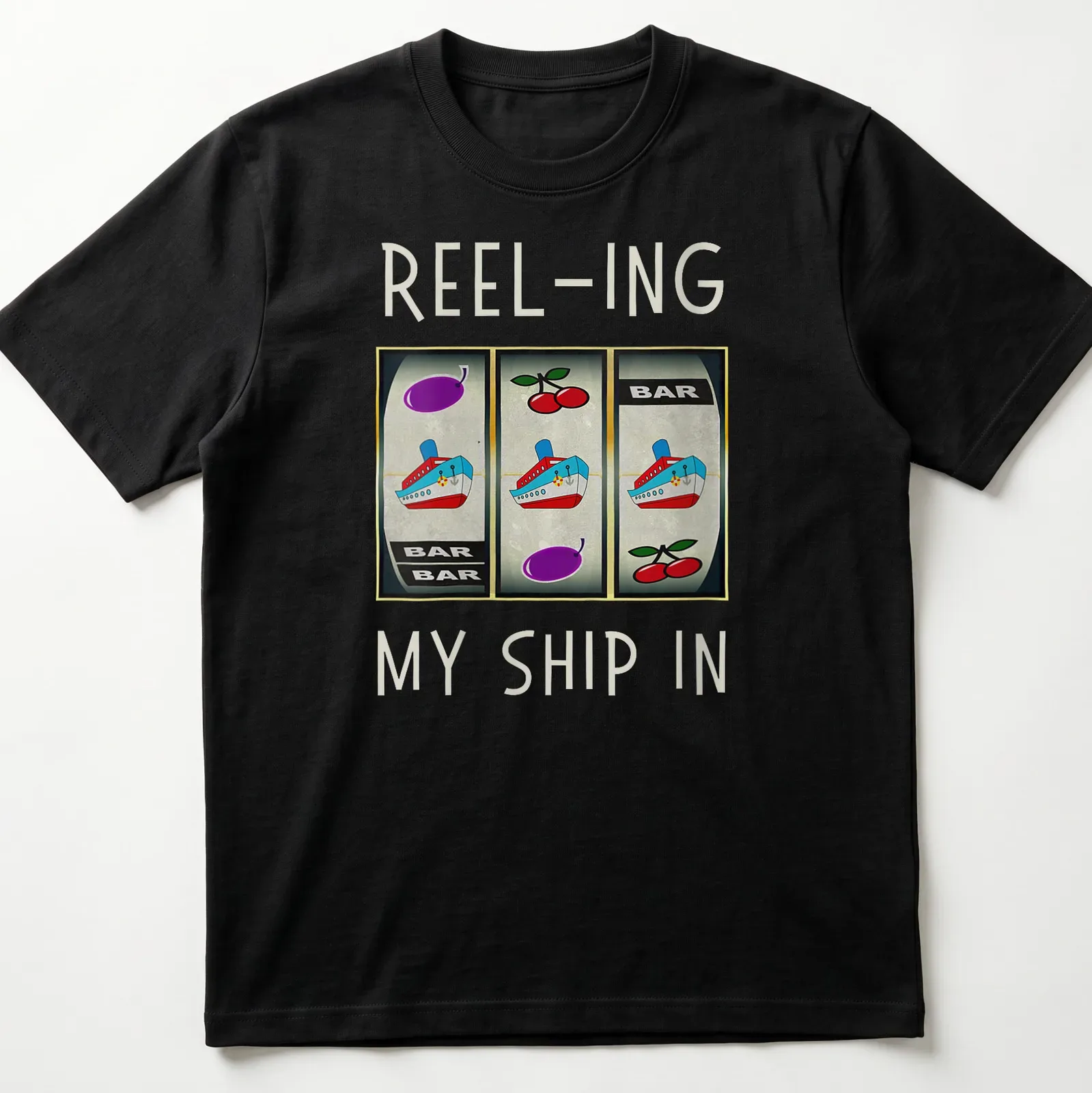 Vintage casino-themed t-shirt featuring a slot machine and ship design — printed on a unisex t-shirt
