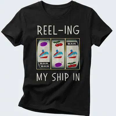 Vintage casino-themed t-shirt featuring a slot machine and ship design — printed on a women's shirt