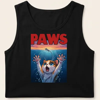 Colorful cartoon print of a cat with the text PAWS in bright colors — printed on a tank top