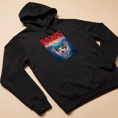 Colorful cartoon print of a cat with the text PAWS in bright colors — printed on a unisex hoodie