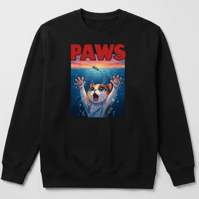 Colorful cartoon print of a cat with the text PAWS in bright colors — printed on a unisex sweatshirt