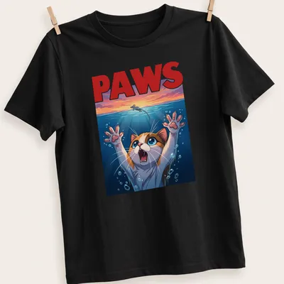 Colorful cartoon print of a cat with the text PAWS in bright colors