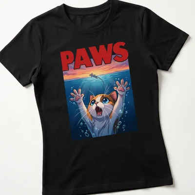 Colorful cartoon print of a cat with the text PAWS in bright colors — printed on a women's shirt