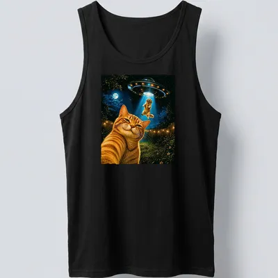 Retro print of a cat taking a selfie with a UFO in vibrant colors — printed on a tank top