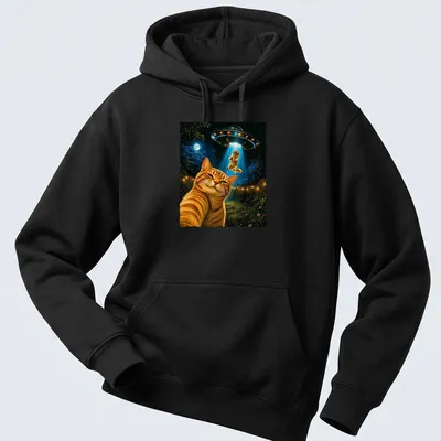 Retro print of a cat taking a selfie with a UFO in vibrant colors — printed on a unisex hoodie