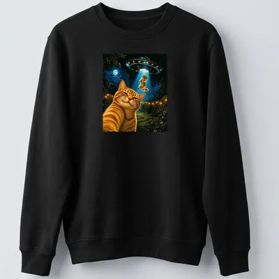 Retro print of a cat taking a selfie with a UFO in vibrant colors — printed on a unisex sweatshirt