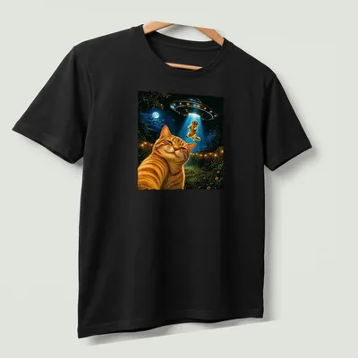Retro print of a cat taking a selfie with a UFO in vibrant colors — printed on a unisex t-shirt (angled view)