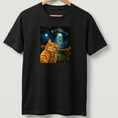 Retro print of a cat taking a selfie with a UFO in vibrant colors