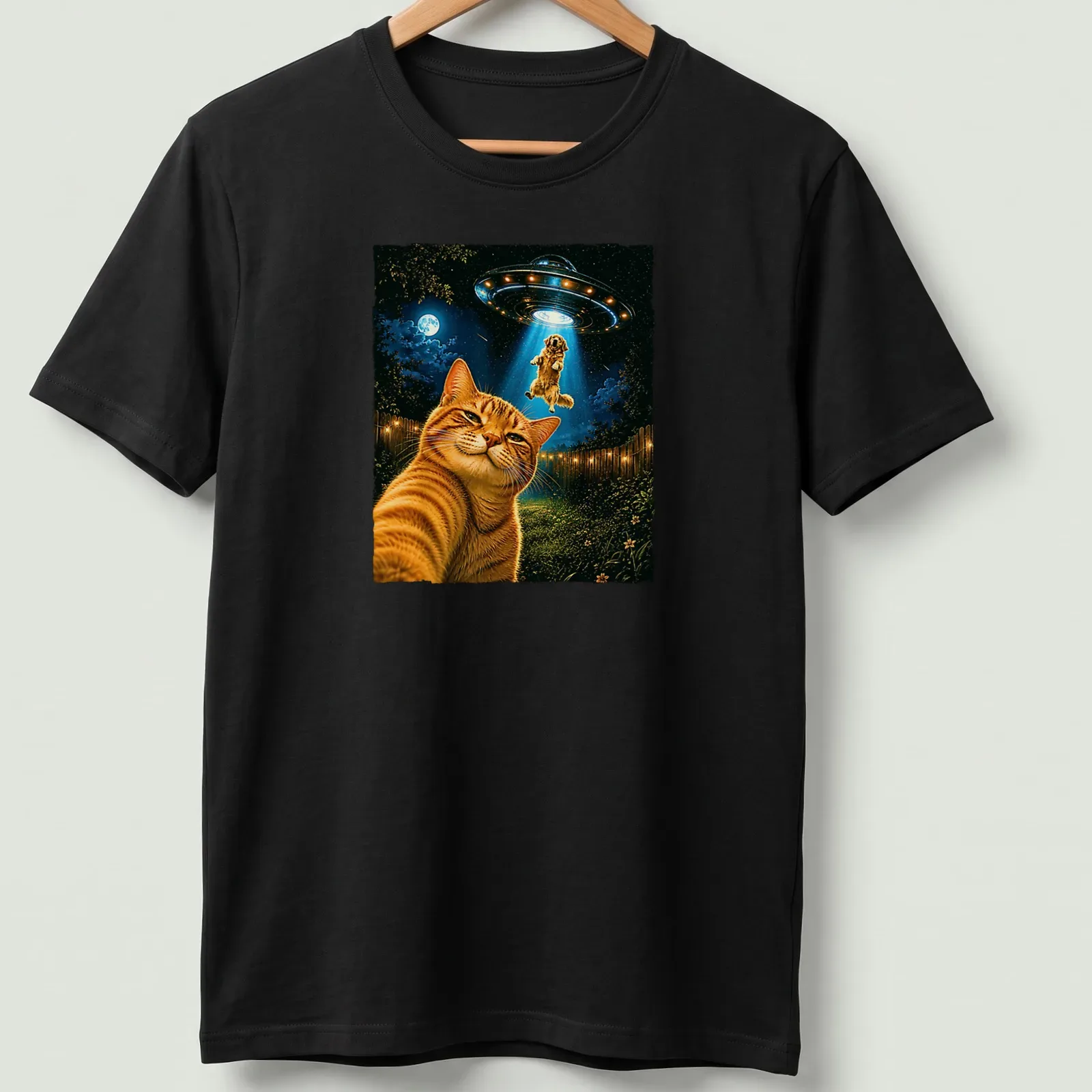 Retro print of a cat taking a selfie with a UFO in vibrant colors — printed on a unisex t-shirt