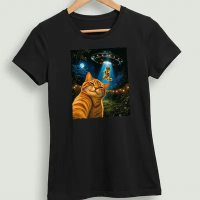 Retro print of a cat taking a selfie with a UFO in vibrant colors — printed on a women's shirt