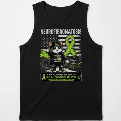 Kawaii cartoon cat with a green ribbon and awareness text for neurofibromatosis — printed on a tank top