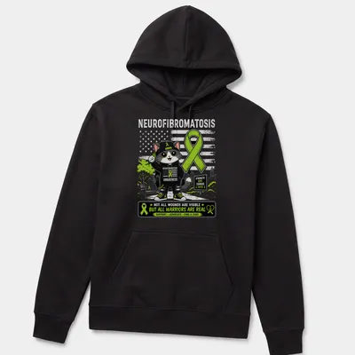Kawaii cartoon cat with a green ribbon and awareness text for neurofibromatosis — printed on a unisex hoodie
