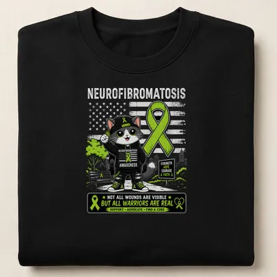 Kawaii cartoon cat with a green ribbon and awareness text for neurofibromatosis — printed on a unisex sweatshirt