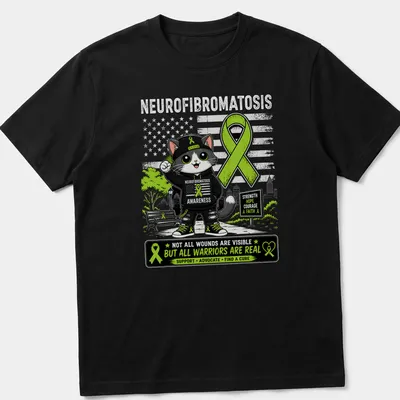 Kawaii cartoon cat with a green ribbon and awareness text for neurofibromatosis
