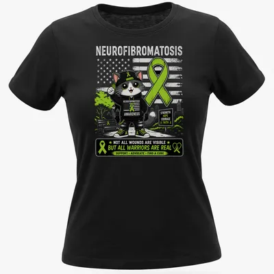 Kawaii cartoon cat with a green ribbon and awareness text for neurofibromatosis — printed on a women's shirt