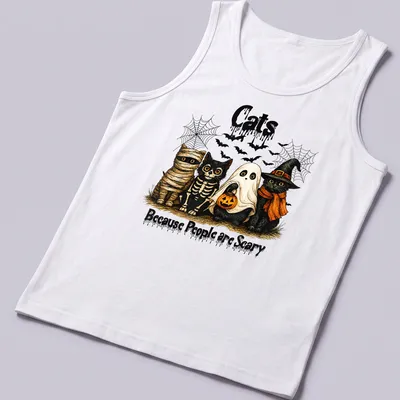 Vintage illustrated Halloween shirt with cats in costumes and humorous text — printed on a tank top