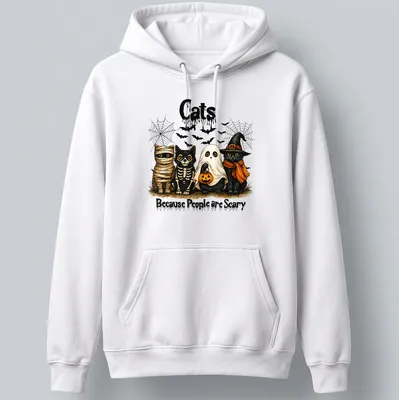 Vintage illustrated Halloween shirt with cats in costumes and humorous text — printed on a unisex hoodie