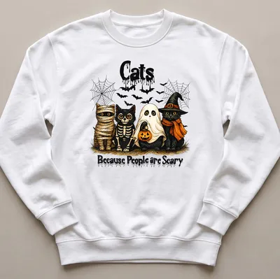 Vintage illustrated Halloween shirt with cats in costumes and humorous text — printed on a unisex sweatshirt