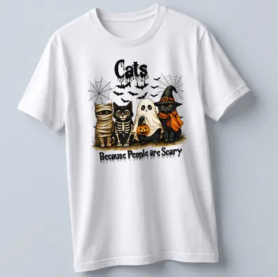 Vintage illustrated Halloween shirt with cats in costumes and humorous text