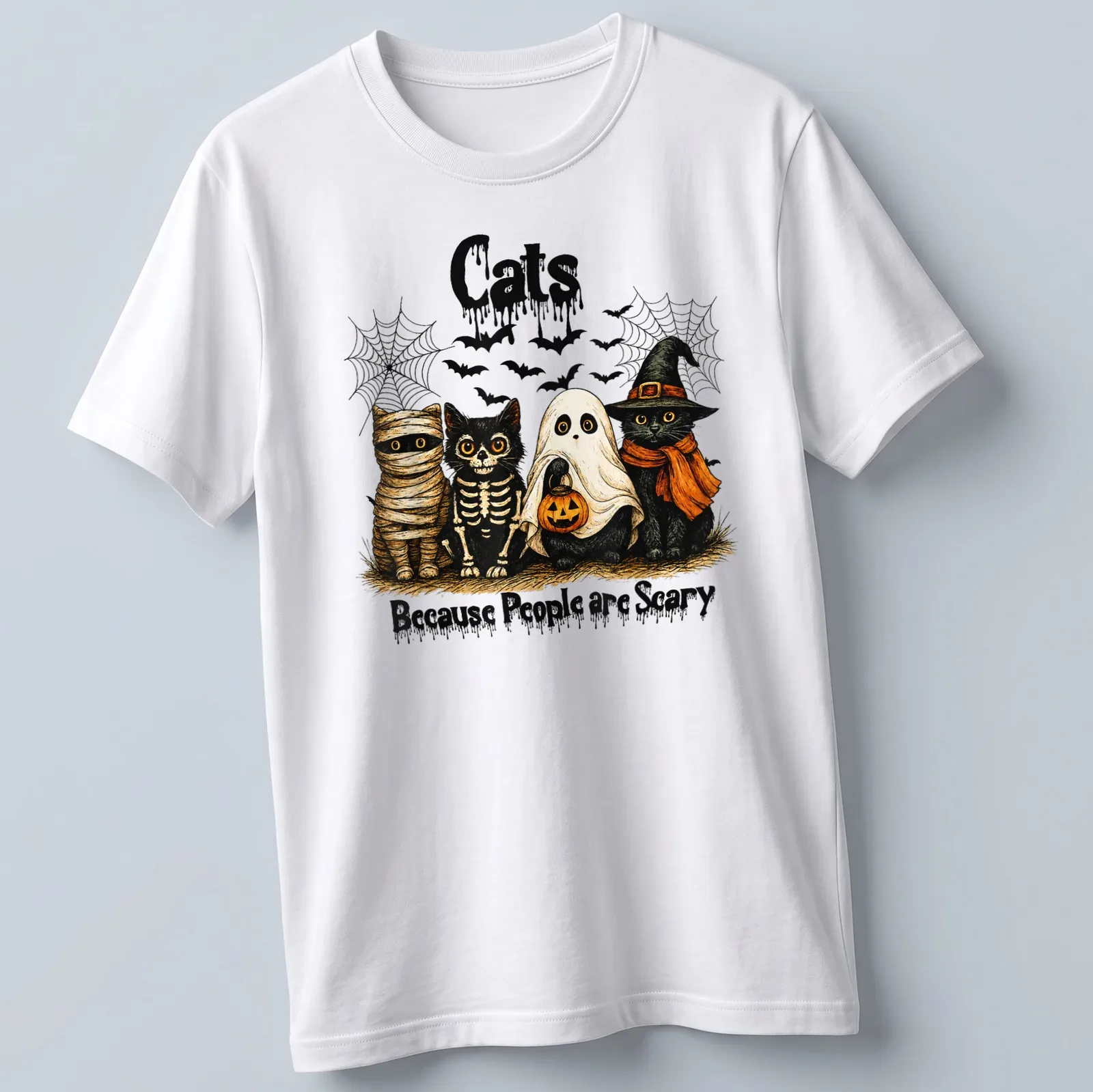 Vintage illustrated Halloween shirt with cats in costumes and humorous text — printed on a unisex t-shirt