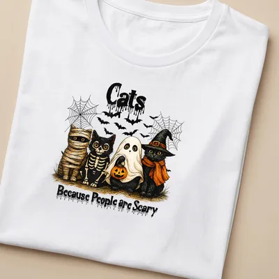Vintage illustrated Halloween shirt with cats in costumes and humorous text — printed on a women's shirt