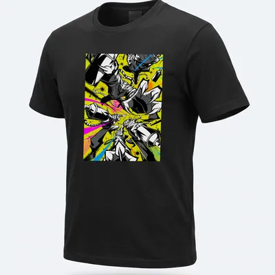 Graffiti-style t-shirt featuring cats in neon colors with an urban vibe