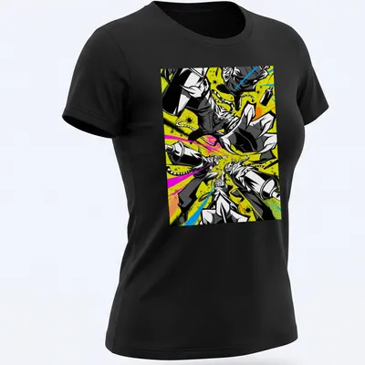 Graffiti-style t-shirt featuring cats in neon colors with an urban vibe — printed on a women's shirt