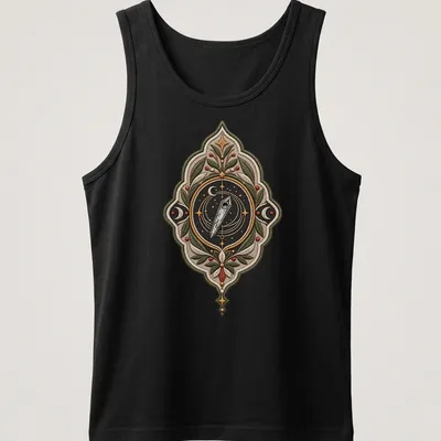 Embroidered celestial compass badge on a T-shirt in various colors — printed on a tank top