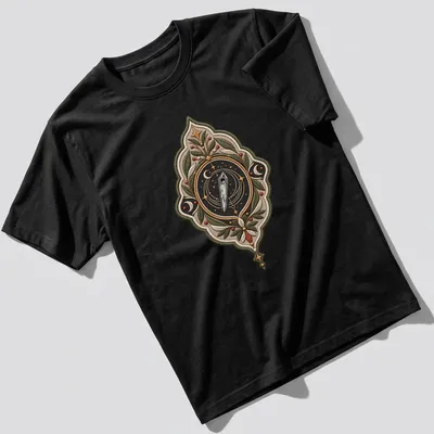 Embroidered celestial compass badge on a T-shirt in various colors