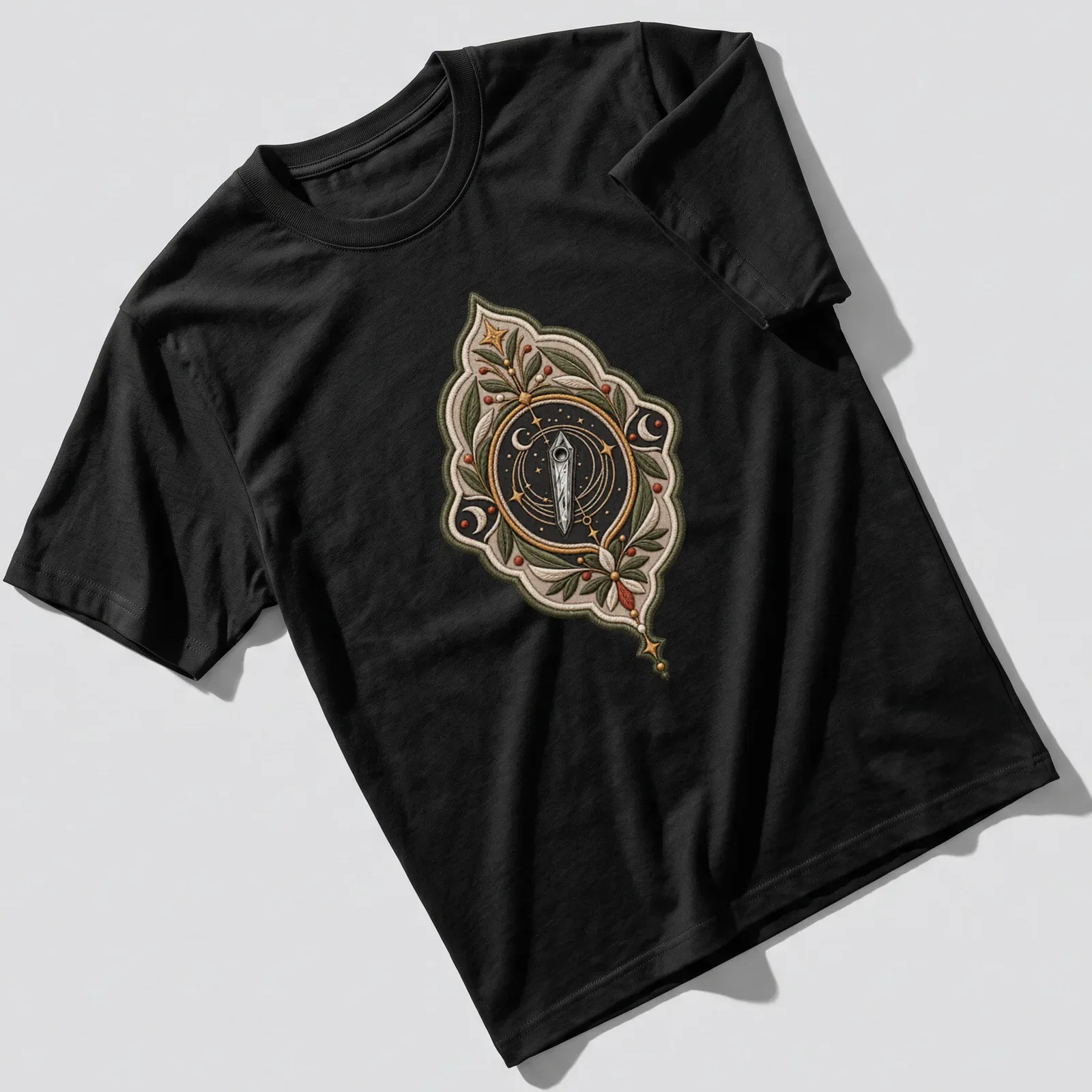 Embroidered celestial compass badge on a T-shirt in various colors — printed on a unisex t-shirt