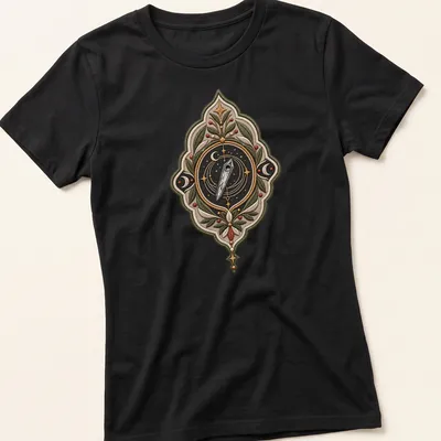 Embroidered celestial compass badge on a T-shirt in various colors — printed on a women's shirt